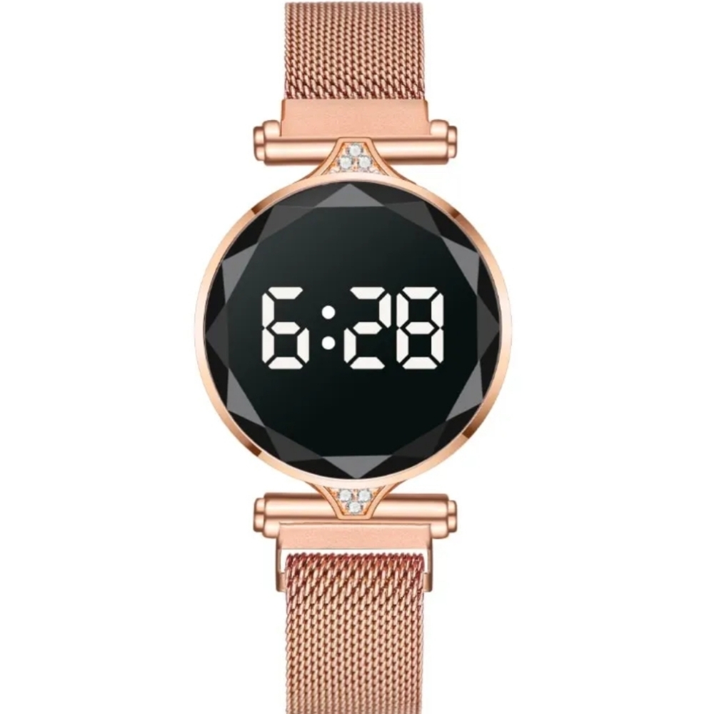 Rose Gold Rhinestone Buckle Mesh Belt LED Watch - Picture 2 of 5